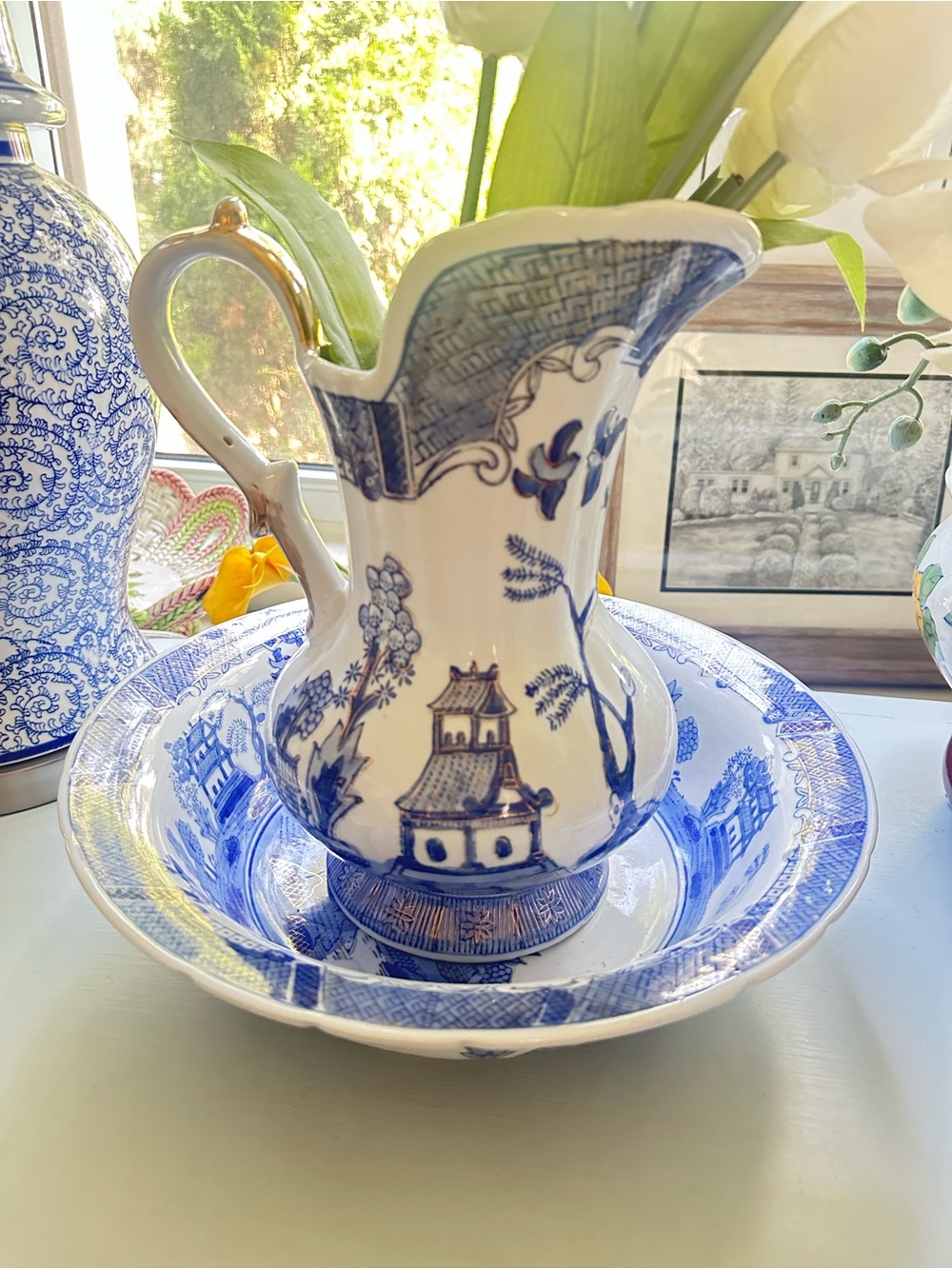 Blue and White Porcelain Pitcher and Basin Set - Classic Home Art